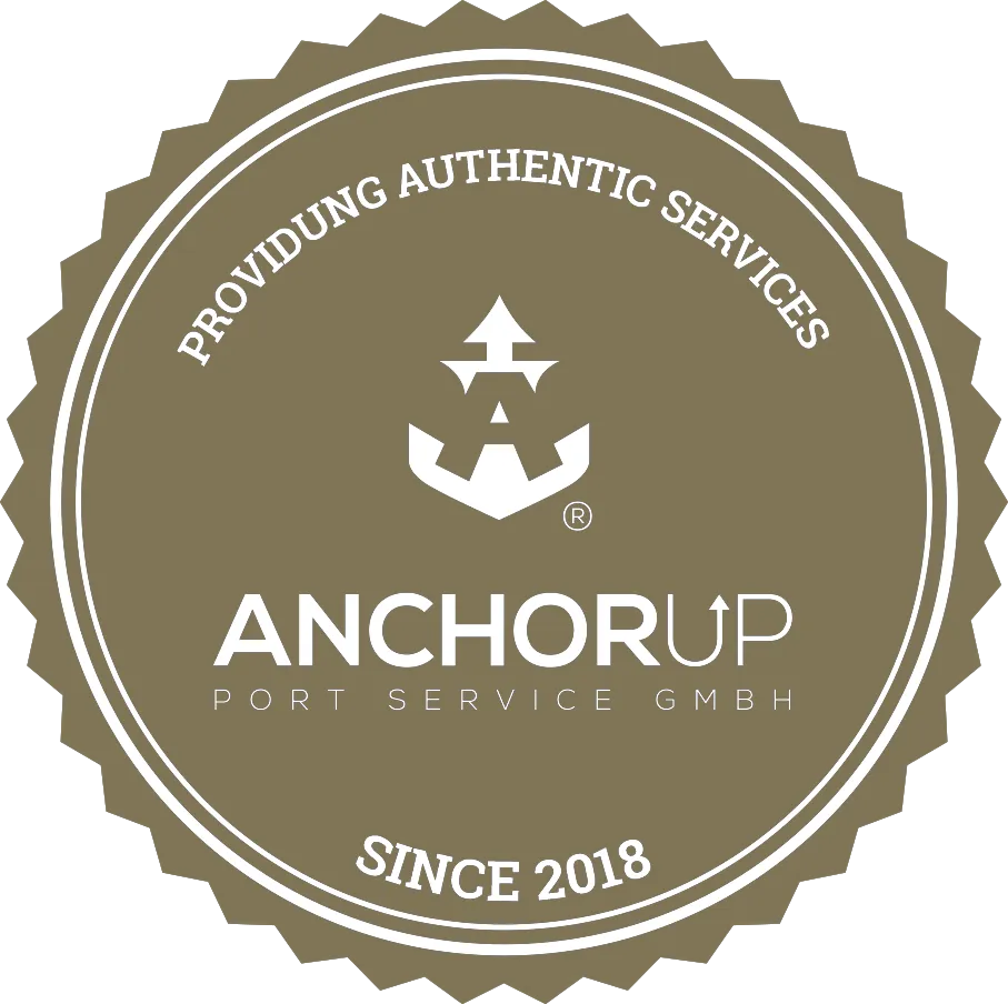 Rundes Siegel von Anchor Up Port Service GmbH mit Anker-Logo, seit 2018