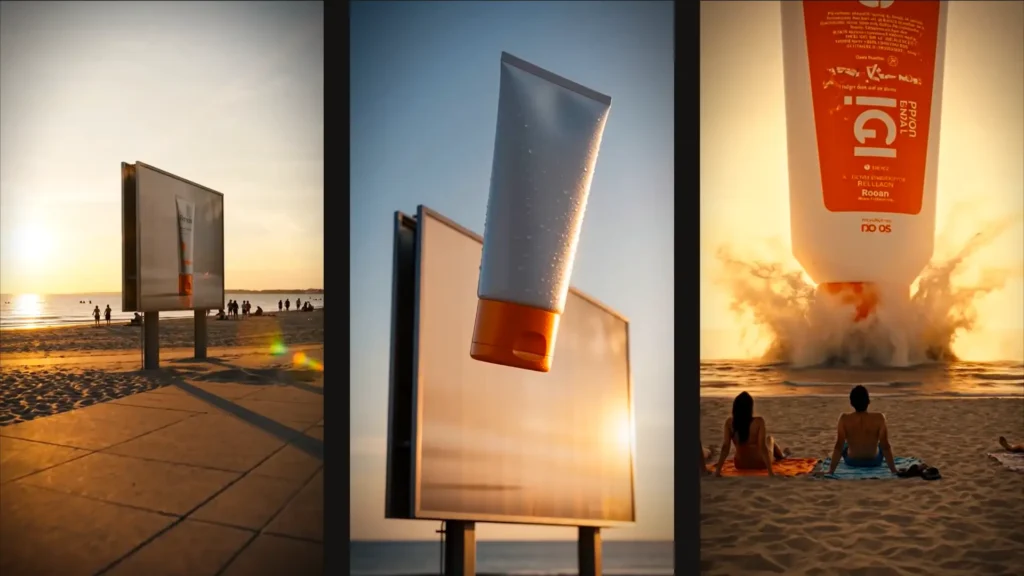 Sonnencreme-Tube vor einem Strandplakat bei Sonnenuntergang, AI-generierter Spot für Sunlotion