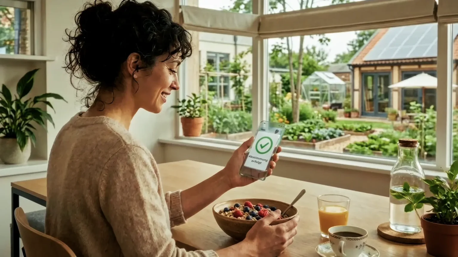 Frau beim Frühstück mit transparentem Smartphone, Abstimmung erledigt, Gemüsegarten im Hintergrund. KI-Imagefilm Monda Futura
