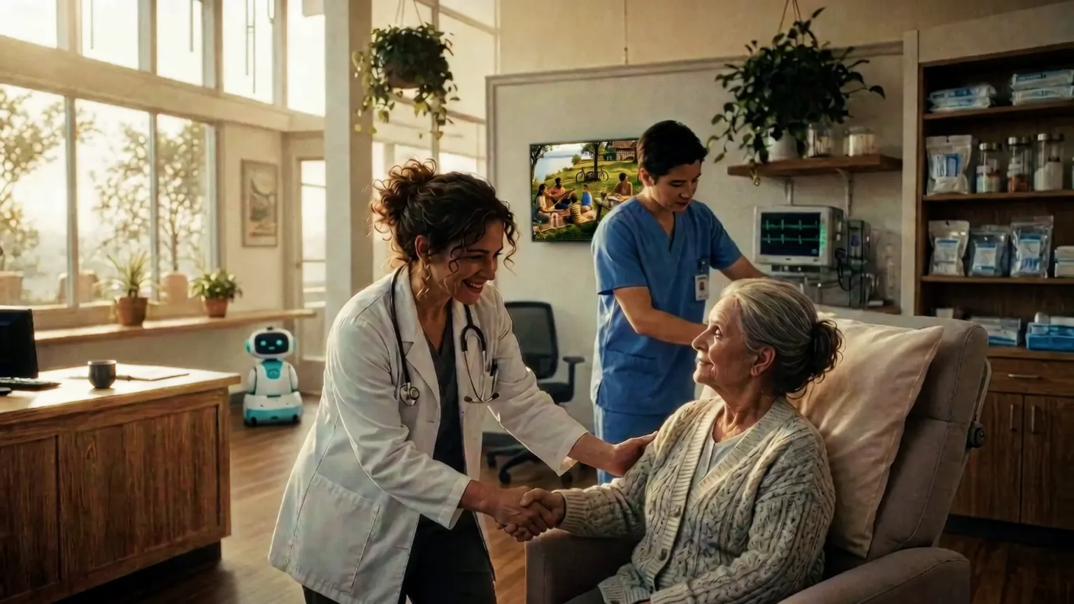 Ärztin begrüßt ältere Patientin herzlich, dezenter Hilfsroboter im Hintergrund. KI-Imagefilm Monda Futura Zukunftskompass