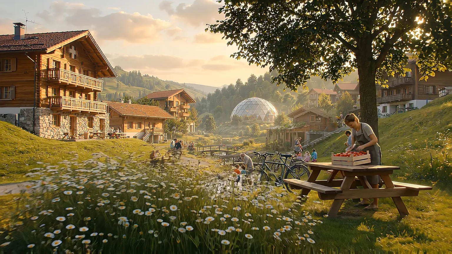 Lebendige Schweizer Gemeinschaftssiedlung mit Geodome im goldenen Abendlicht. KI-Imagefilm Monda Futura Zukunftskompass