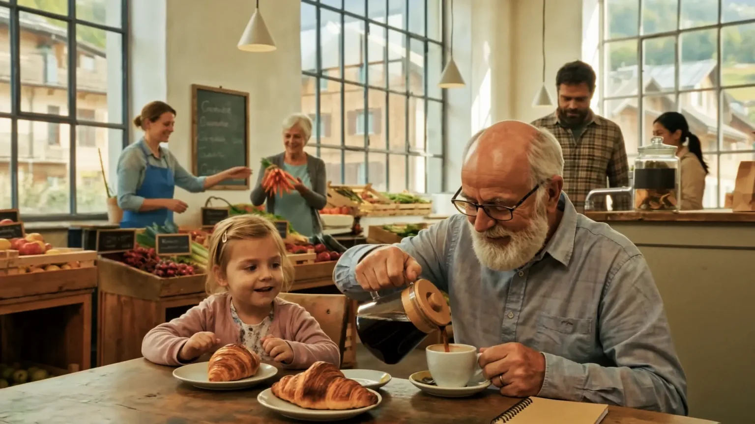 Großvater und Enkelin in regionaler Markthalle mit kostenloser Grundversorgung. KI-Imagefilm Monda Futura Zukunftskompass