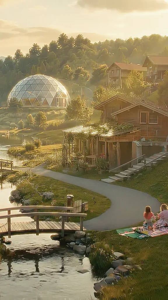 9:16-Ausschnitt aus dem Film: Schweizer Gemeinschaftssiedlung mit Geodome, Holzbrücke und See im goldenen Abendlicht