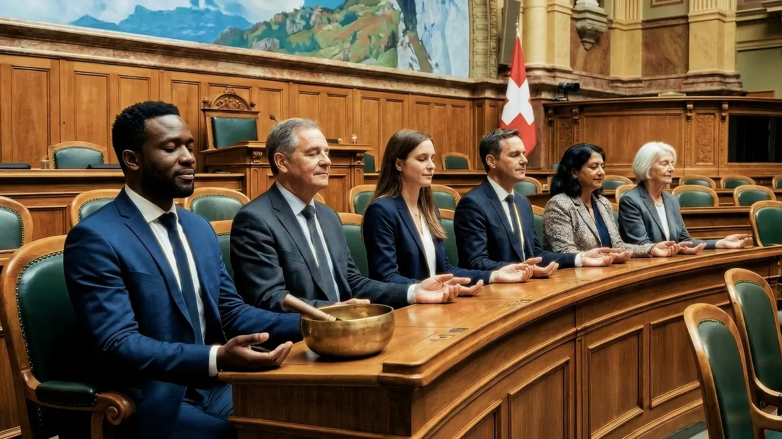 Diverse Parlamentarierinnen und Parlamentarier meditieren im Schweizer Nationalratssaal. KI-Imagefilm Monda Futura Zukunftskompass