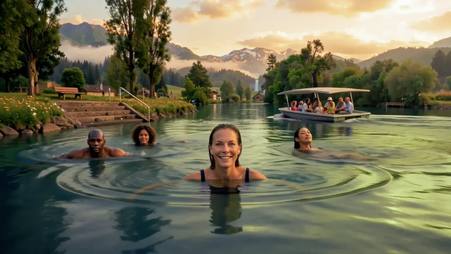 Schwimmerin lacht in der Aare, Solarboot im Hintergrund, Schweizer Alpen. KI-Imagefilm Monda Futura Zukunftskompass