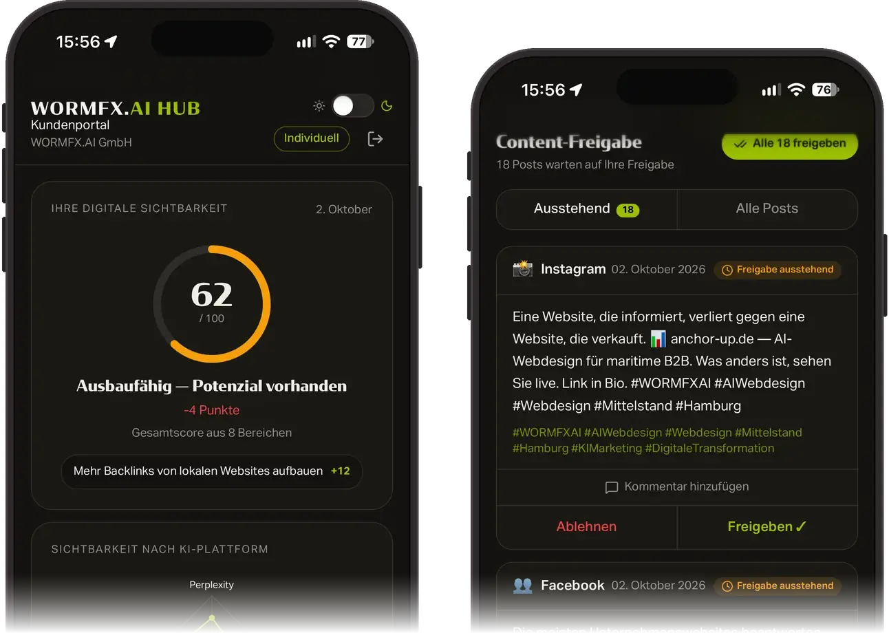 WORMFX.AI HUB Kundenportal auf zwei Smartphones: links die digitale Sichtbarkeit mit Score 62 von 100 und der nächsten Maßnahme, rechts die Content-Freigabe eines Instagram-Posts