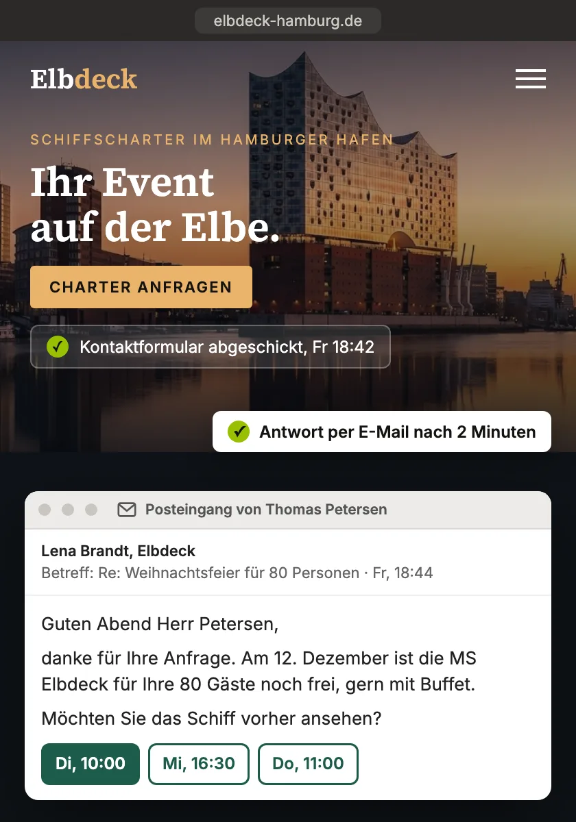 Neue Website einer Hamburger Reederei mit Elbphilharmonie auf dem Smartphone, nach dem Kontaktformular kommt nach 2 Minuten eine persönliche E-Mail mit Terminvorschlägen